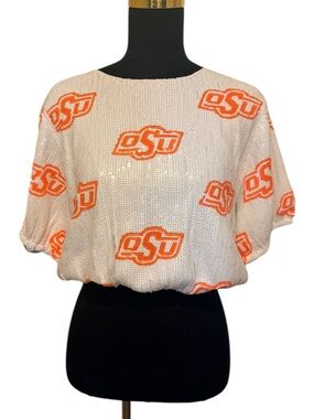 OSU Oklahoma State Sequin Logo Crop Top in White and Orange - NWT
